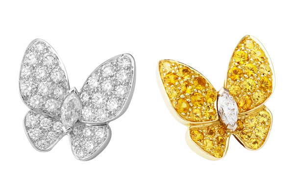 梵克雅宝two butterfly耳环,黄k金镶嵌黄色蓝宝石,白k金镶嵌钻石